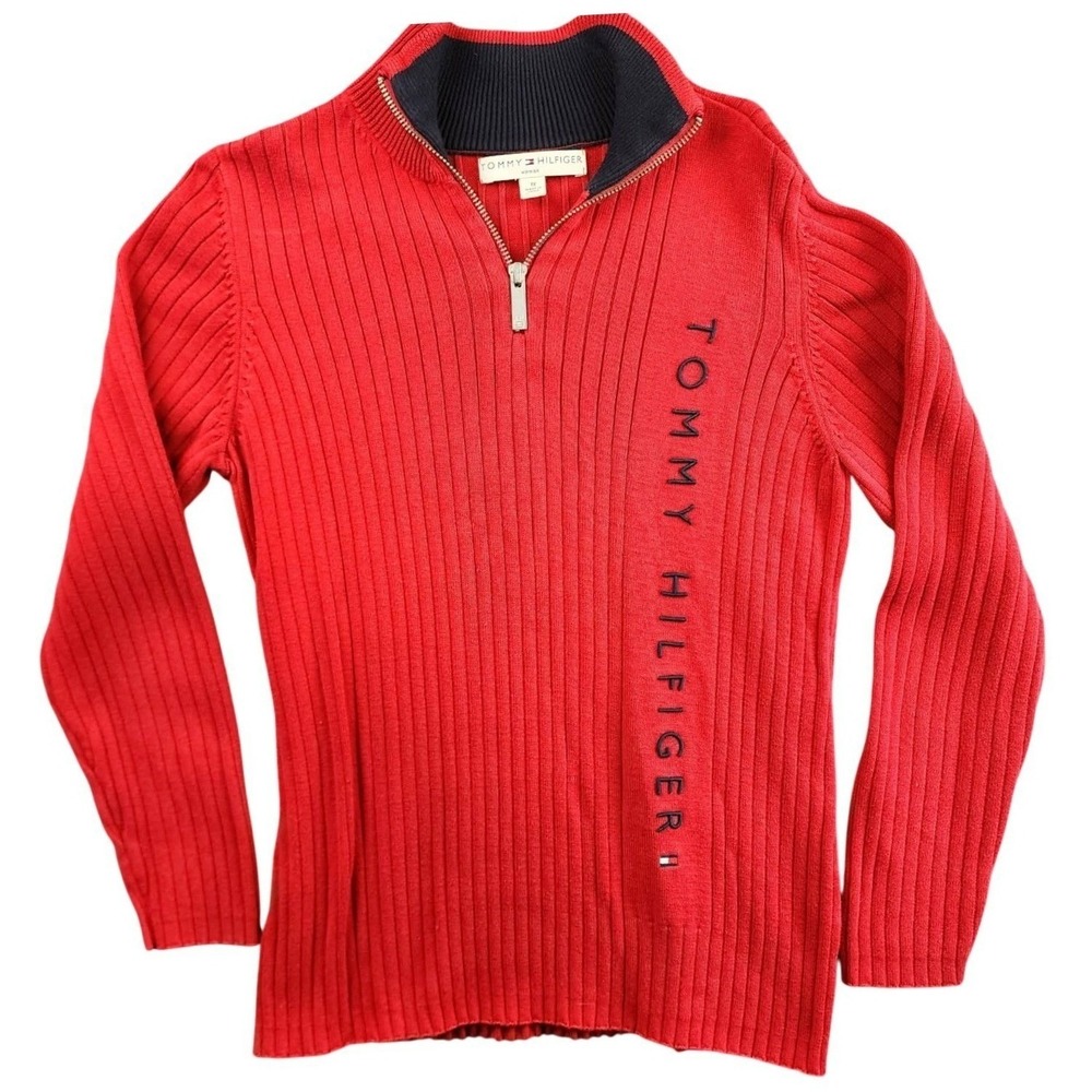Tommy Hilfiger 1X Red Quarter Zip Ribbed Sweater Preppy Old Money Coastal Class